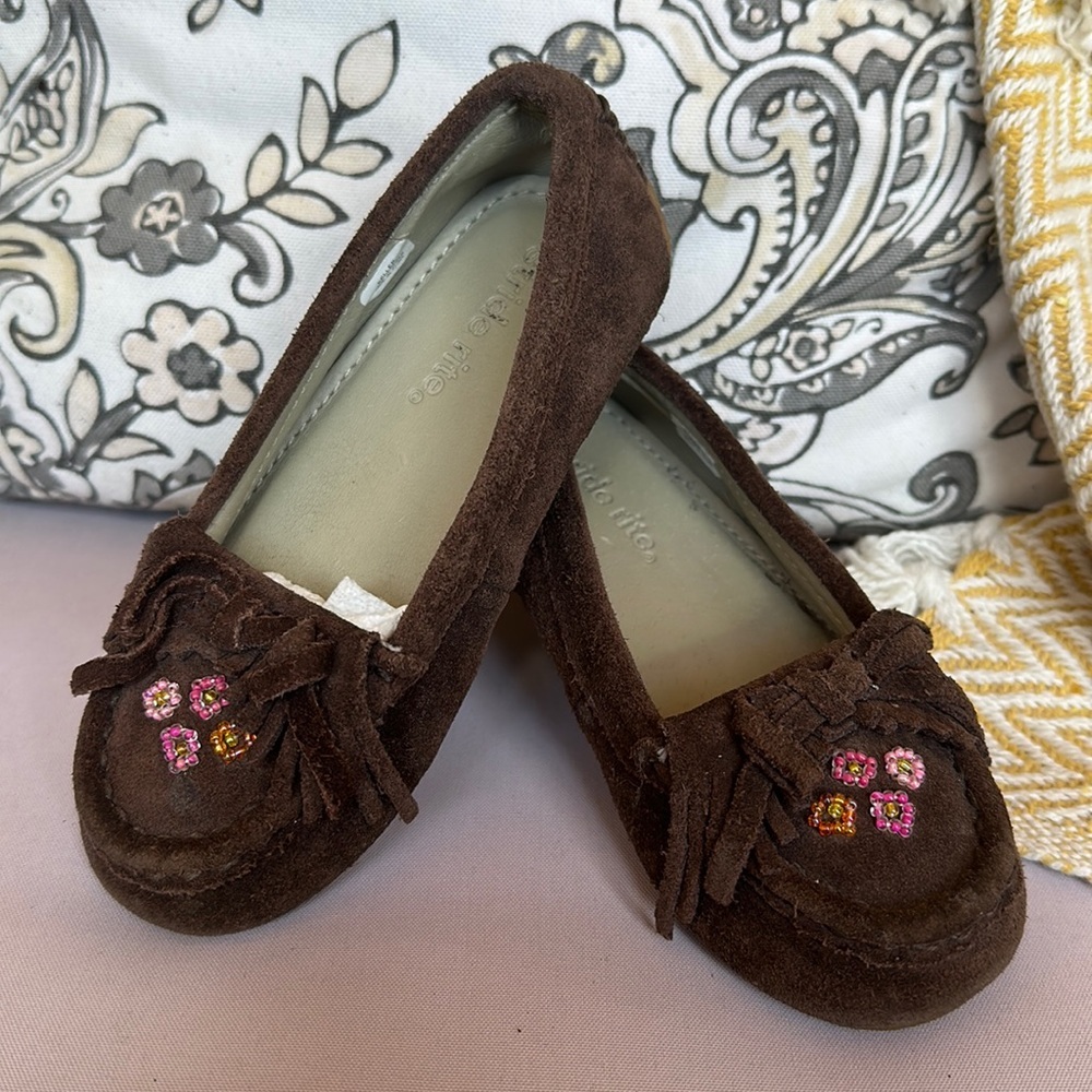 Stride Rite Keller Toddler Girls 9M Brown Suede Moccasins Pink Beaded Fringe